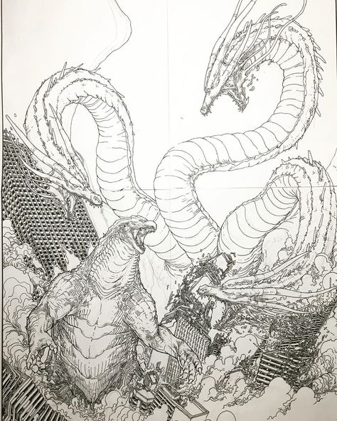 Godzilla vs King Ghidorah.  Some excellent promotional posters inspired this!  Made ghidorah a little larger than he should be but I like… King Ghidorah Drawing, King Ghidorah Tattoo, Ghidorah Tattoo, King Ghidorah Art, Ghidorah Art, Godzilla Sketch, Godzilla Coloring Pages, Godzilla Vs King Ghidorah, Godzilla Tattoo