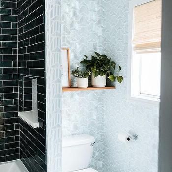 Window Above Toilet, Above Toilet Decor, Blue Powder Rooms, Behind Toilet, Stained Wood Beams, Toilet Modern, Wall Niches, Above Toilet, Shelves Above Toilet