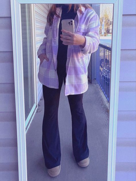 #ootd #winteroutfit purple shacket flare yoga pants and uggs Purple Shacket Outfit, Purple Uggs Outfit, Purple Shacket, Purple Uggs, Shacket Outfit, Flare Yoga Pants, Uggs Outfit, Purple Sweater, Flare Pants