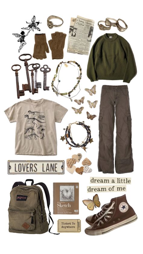 #grunge #aesthetic #clothes #moodboards #brownaesthetic #fairycore Goblincore Grunge Aesthetic, Goblincore Grunge Outfits, Gremlincore Clothes, Grunge Fairycore Outfits Masc, Earth Grunge Aesthetic, Masculine Fairy Grunge, Granola Grunge Aesthetic, Goblin Core Clothes, Goblin Core Aesthetic Outfits