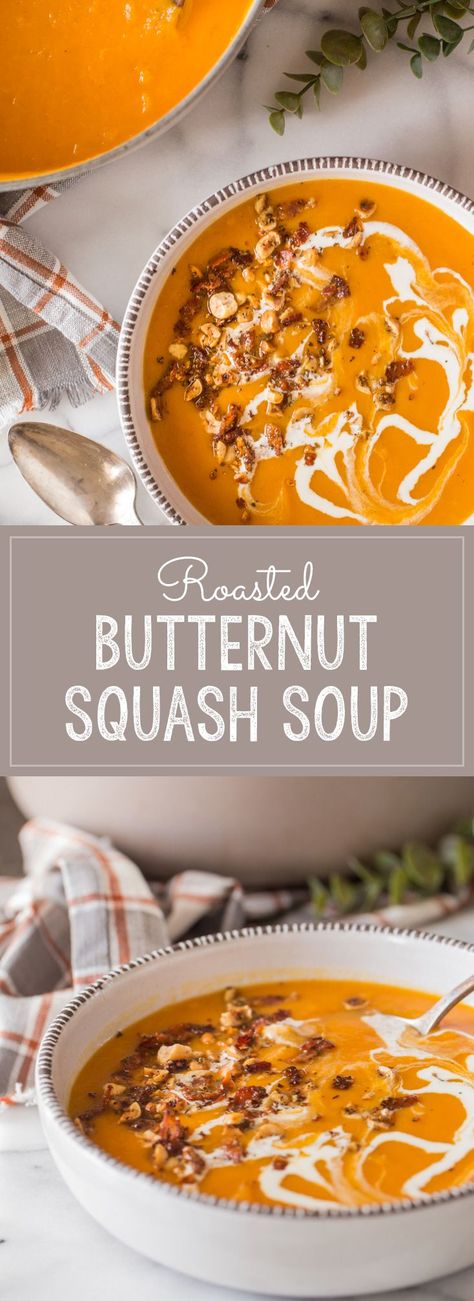 Roasted butternut squash and sweet potatoes, onions, bacon, sage, toasted hazelnuts and a delicate drizzle of heavy cream. This soup is downright luxurious. #butternutsquash #sweetpotato #soup Best Butternut Squash Soup, Creamy Butternut Squash Soup, Easy Butternut Squash, Butternut Squash Recipes Soup, Potatoes Onions, Squash Soup Recipe, Roasted Butternut Squash Soup, Butternut Squash Recipes, Fall Soups