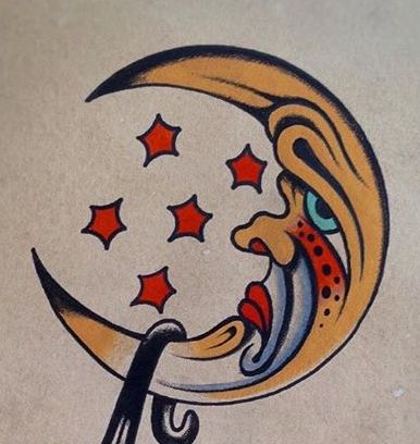 American Classic Tattoo Old School, Vintage Traditional Tattoo Flash, 70s Tattoo Vintage, Traditional Crescent Moon Tattoo, Old School Moon Tattoo, American Traditional Moon Tattoo, American Traditional Moon, Moon Tattoo Flash, Moon Traditional Tattoo