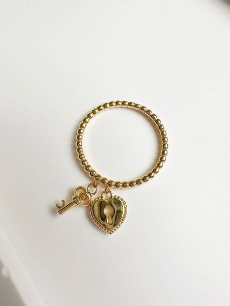 Beaded Ring Silver Heart Ring Lock Key Charm Dangle Ring Sterling Silver 18K Gold Plated Stackable Ring Bead Heart Ring, Dangle Ring, Bead Heart, Gold Heart Ring, Silver Heart Ring, Ring Heart, Heart Lock, Beaded Ring, Stackable Ring