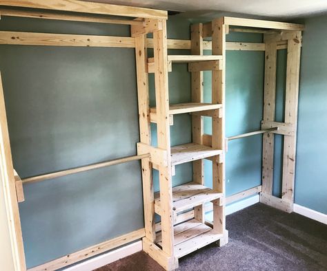 Pallet Closet Organizer, Rustic Closet Ideas, Closet Shelving Ideas, Basement Closet, Pallet Closet, Rustic Closet, Bed In Closet Aesthetic, Wooden Closet, Bed In Closet Ideas