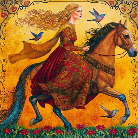 Meet Rhiannon, a brilliant, politically strategic, and beautiful woman from the Otherworld who appears in the First and Third Branch of the Mabinogi, a collection of Welsh tales. Rhiannon is associated with horses and is believed to be related to the Gaulish horse goddess Epona. She chose Pwyll, prince of Dyfed, as her consort and later married Manawydan after becoming a widow. Her adventures involving enchantments had a happy ending, with the family reunited and Dyfed restored. Her story is ... Mabinogi Aesthetic, Epona Goddess, Goddess Epona, Horse Goddess, Goddess Rhiannon, Celtic Goddesses, Welsh Goddess, The Otherworld, Celtic Goddess