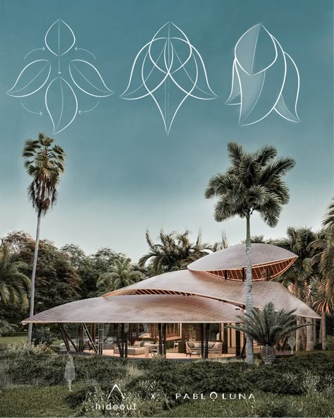 Hideout Leaf is a modern minimalist expression of biomimicry, drawing inspiration from leaves falling, creating new shapes and orientations on the forest floor. A delicate balance between modern design and the endless magic found in nature. A design collaboration between @pablolunastudio x @hideoutbali Location Karangasem, East Bali. Leaves Concept Architecture, Palm Architecture Concept, Leaf Inspired Architecture, Natural Architecture Design, Biomimicry Architecture Concept, Pavilion Design Concept Architecture, Pavilion Design Concept, Modern Pavilion Design, Nature Architecture Concept