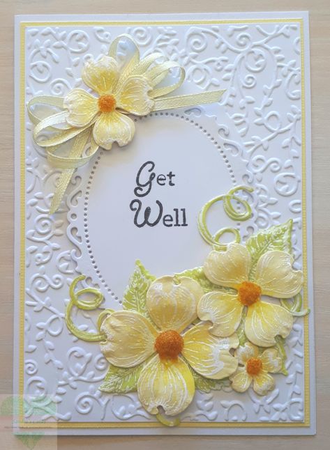 Get Well card in lemon yellow and white. Heartfelt creations stamps and dies, embossed and watercoloured. Cards Using Oval Dies, Get Well Card Ideas, Stampin Up Get Well Cards, Get Well Cards Handmade, Heartfelt Creations Flowers, Heartfelt Creations Cards, Yellow Cards, Dogwood Flowers, Spellbinders Cards