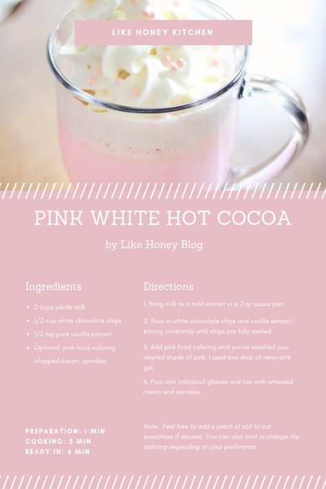 Pink Hot Cocoa, White Hot Cocoa, Hot Chocolate Homemade, Pink Hot Chocolate, Unicorn Hot Chocolate, Winter Date Ideas, Chocolate Homemade, Homemade Hot Cocoa, Hot Cocoa Recipe