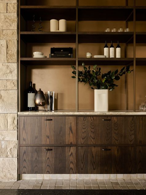 Taylors Wines - Georgie Shepherd Interior Design Brown And Black Kitchen, Cozy Home Bar, Bar Area In Home, Aesthetics Salon, Home Bar Ideas, Pantry Inspiration, Home Bar Design, Condo Kitchen, Sophisticated Decor