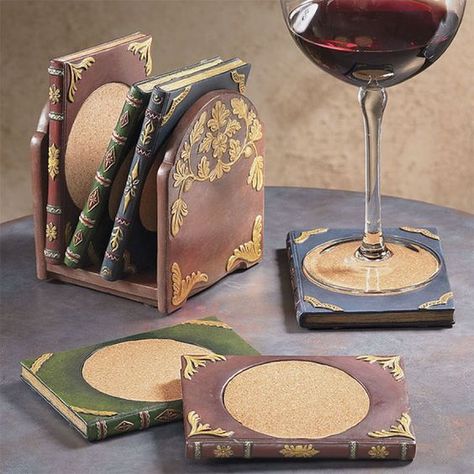 These book coasters would add literary charm to any home, and make a great gift! Book Coasters, Geek Home Decor, Miniature Bookshelf, Clever Gift, Geek Decor, Cheese Boards, Coaster Furniture, Decor Guide, Bookish Gifts