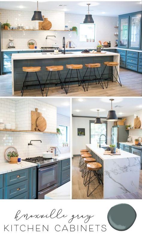 Sharing the best paint for cabinets and Joanna's favorite kitchen cabinet paint colors for farmhouse style kitchens | www.theharperhouse.com Grey Paint For Cabinets, Knoxville Gray, Best Paint For Cabinets, Paint For Cabinets, Kitchen Cabinet Paint Colors, Best Cabinet Paint, Farmhouse Lighting Dining, Faux Farmhouse, Kitchen Cabinet Paint