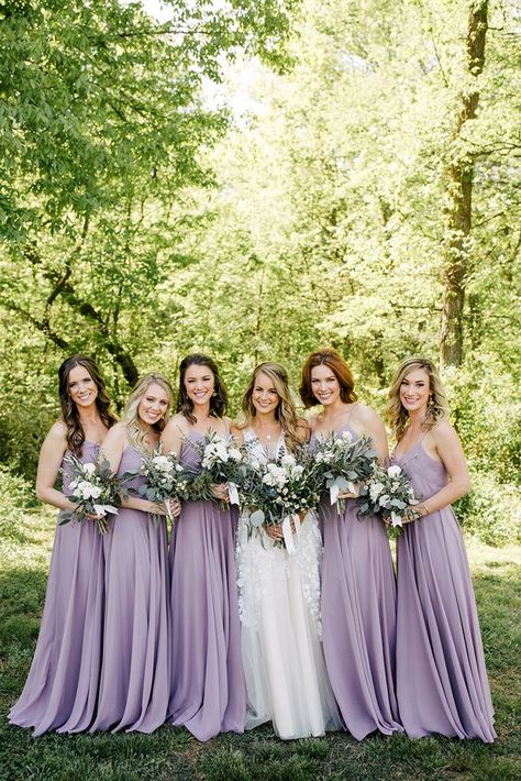 Rustic mellow lavender bridesmaids in the forest, outdoor weddings, spring weddings. Light Purple Bridesmaid Dresses, Spring Wedding Bridesmaids, Dresses Lilac, Bridesmaids Spring, Lilac Bridesmaid, Lavender Bridesmaid, Lavender Bridesmaid Dresses, Bridesmaid Dresses Under 100, Lilac Bridesmaid Dresses