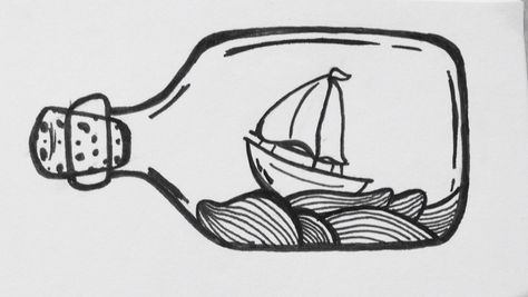 Ship in a bottle Sailboat In A Bottle Tattoo, Ocean In A Bottle Drawing, Ship In A Bottle Illustration, Boat In A Bottle Drawing, Ship In A Bottle Tattoo Small, Boat In Bottle Tattoo, Salty Tattoo Ideas, Ship Sketch Simple, Ship In A Bottle Drawing