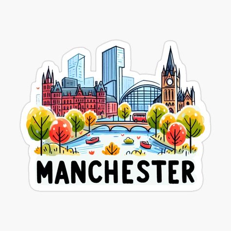 Get my art printed on awesome products. Support me at Redbubble #RBandME: https://www.redbubble.com/i/sticker/Manchester-England-by-WanderlustCoCo/162662706.EJUG5?asc=u Buildings Illustration, Career Pathways, Building Illustration, Manchester England, Simple Illustration, Sticker Cute, Man City, City Design, Study Abroad