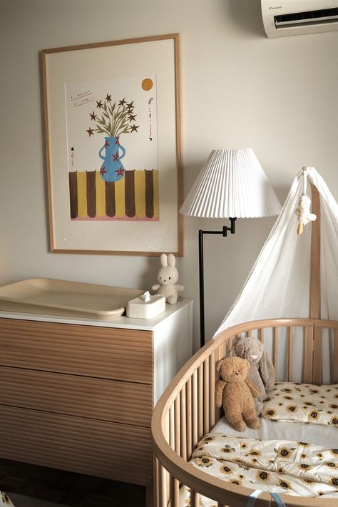 Baby And Guest Room Combo, Newborn Room Colorful, Shared Room With Baby Parents, Ikea Crib Nursery, Midcentury Modern Nursery Ideas, Twin Nursery Ideas Small Spaces, Cottage Core Kids Room, Shared Nursery And Toddler Room, Tiny Nursery Ideas