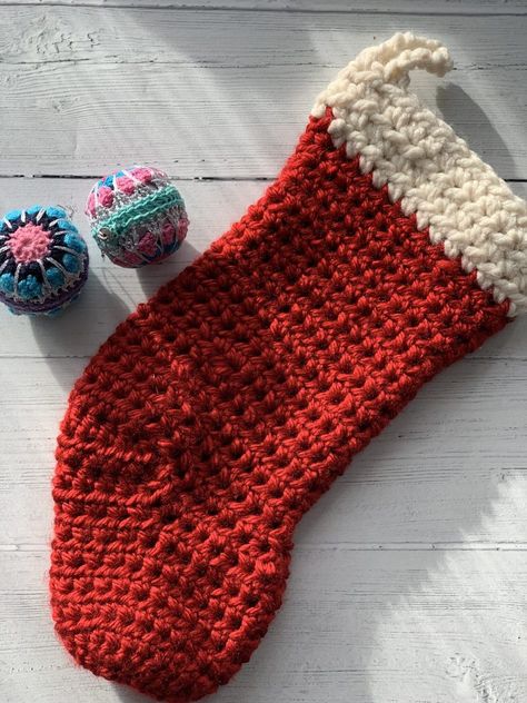 Quick Crochet Christmas Stocking - Easy Pattern - off the hook for you Chunky Stocking Pattern, Crochet Christmas Stocking Bulky Yarn, Chunky Christmas Stocking, Quick Crochet Christmas, Chunky Yarn Christmas, Super Bulky Yarn Patterns, Crochet Stocking Pattern Free, Christmas Stocking Crochet Pattern, Christmas Stocking Crochet