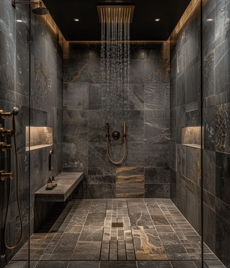 Luxurious Shower Room, Dark Tile Walk In Shower Ideas, Fancy Shower Ideas, Luxury Shower With Bench, Shower Room Lighting Ideas, Sit In Shower Walk In, Sit In Shower, Bathroom With Two Showers, Master Shower With Seat