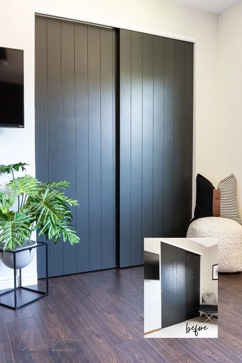 DIY Makeover for Sliding Closet Doors on a Budget | ©GarrisonStreetDesignStudio | DIY | Makeover | Sliding | Closet Doors | on a Budget | Ideas | Shiplap | Paneling | DIY Ideas | DIY Modern | Flat | Double | Hollow Core | Updating Sliding Closet Doors | Bifold | French | Closet Door Ideas DIY | Closet Door Options | Painted | Bedroom | Vertical Shiplap | Sliding Closet Doors | Closet Door Makeover | Alternative | How to | Update | Tutorial | Designs | Unique | Upgrade | Easy | Black Sliding Door Coat Closet, Plank Closet Doors, Closet Doors Ideas Sliding, Old Mirror Closet Door Makeover, Decorating Closet Doors, Office Closet Door Ideas, Mid Century Modern Closet Door, Adding Panels To Doors, Closet Door Color Ideas