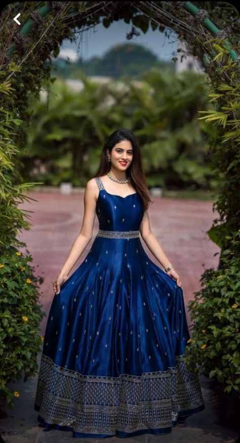 Blue pattu long frock Simple Lehenga, Long Frock Designs, Traditional Gowns, Trendy Outfits Indian, Long Gown Design, Lehenga Designs Simple, Anarkali Dress Pattern, Frock For Women, Long Dress Design