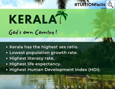 Here are some interesting facts about Kerala ! (Kerala, a state on India's tropical Malabar Coast, has nearly 600km of Arabian Sea shoreline. It's known for its palm-lined beaches and backwaters) About Kerala, Human Development Index, Literacy Rate, Some Interesting Facts, Arabian Sea, Human Development, Life Expectancy, High Life, Interesting Facts