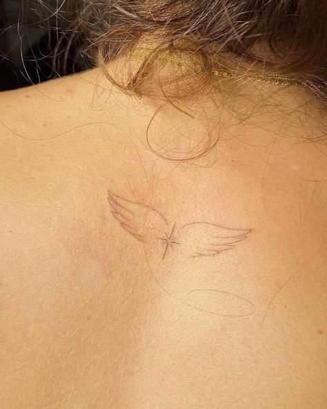 Small Angel Tattoo, Angle Tattoo, Halo Tattoo, Wing Tattoos On Back, International Tattoo, Minimalistic Tattoo, Heaven Tattoos, Hidden Tattoos, Classy Tattoos