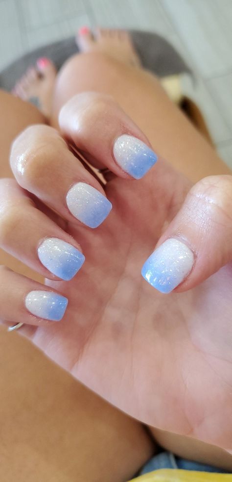 Blue and white nails. Ombre nails. Dip nails. White glitter. Baby blue Blue And White Nails Ombre, Dip Nails White, Ombre Nails Dip, Faded Nails, Blue Ombre Nails, Blue And White Nails, Nails Dip, Nails Ombre, Dip Nails