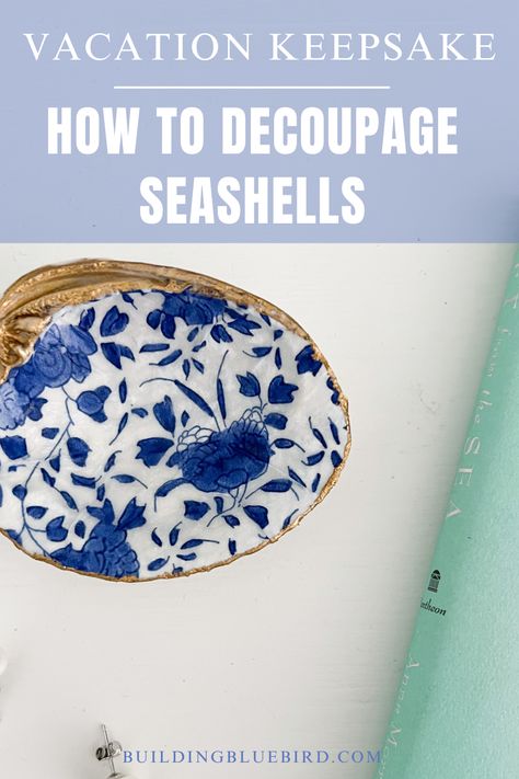 How to decoupage seashells using mod podge to create a vacation keepsake Shell Decoupage Diy, Decoupage Sand Dollars, How To Make A Hole In A Sea Shell, How To Decoupage Oyster Shells, Painting Oyster Shells Diy, Decoupage Seashells, Decoupage Oyster Shells, Oyster Shells Diy, Beach Keepsakes