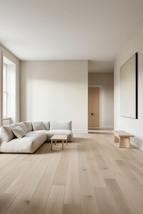 Minimalist living room with modern white oak flooring, light wood tones, and a neutral color palette. Ash Oak Flooring, Living Room Designs Light Wood Floors, Light Wood Floors Living Room, Minimalist Flooring, Light Wood Flooring, Calm Living Room, Serene Living Room, Light Oak Floors, Minimalist Spaces