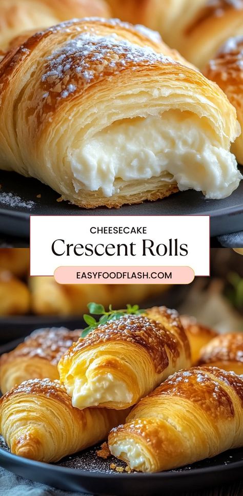 These Cheesecake Crescent Rolls are a delicious, easy-to-make dessert that combines the sweetness of cream cheese filling with the flaky, buttery texture of crescent roll dough. Topped with cinnamon sugar and baked to golden perfection, these rolls are perfect for breakfast, brunch, or as a sweet treat for any occasion. They're quick to prepare and always a crowd-pleaser! Cheesecake Crescent Rolls, Filled Crescent Rolls, Crescent Roll Dessert, Crescent Roll Cheesecake, Cinnamon Crescent Rolls, Cinnamon Roll Cheesecake, Cream Cheese Crescent Rolls, Cream Cheese Desserts, Breakfast Crescent Rolls