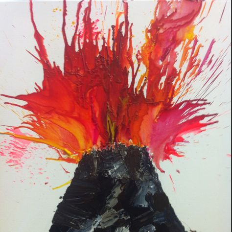 volcano painting.  Paint simple black triangle and place several puddles of yellow, orange and red.  With a straw blow the paint.  It swirls and bubbles, making a realistic lava effect! Natural Disasters Art, Volcano Painting, Volcano Projects, Blow Paint, Dinosaur Activities, Theme Nature, Dinosaur Crafts, Natural Disaster, Kindergarten Art