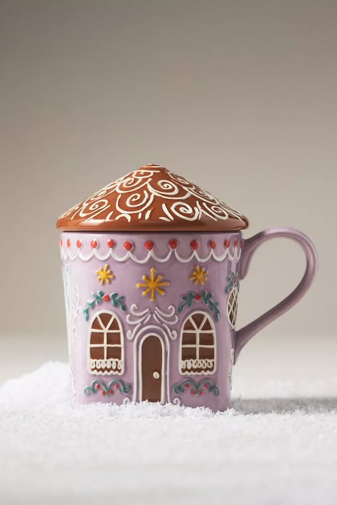 Gingerbread House Stoneware Mug | Anthropologie UK Cute Christmas Mugs, Little Christmas Gifts, Gingerbread House Inspo, Pink Gingerbread House, Xmas Mugs, Mini Gingerbread House, Pink Gingerbread, Gingerbread House Christmas, Gifts For Boyfriend Parents