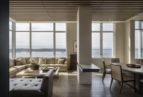 Seattle Penthouse (Photo: Aaron Leitz) Seattle Penthouse, Wood Slat Ceiling, Two Sided Fireplace, Penthouse Design, Wood Slats, Contemporary Home, Seattle Washington, Residential Building, Outdoor Rooms