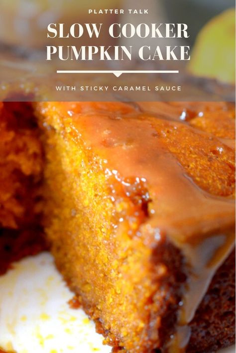 Crock-Pot Pumpkin Cake from Platter Talk is an easy 2-hour dessert that is perfect for Thanksgiving or any day. No need to bake this simple cake recipe, let your slow cooker do the work! #plattertalk #pumpkinrecipes #cannedpumpkin #Thanksgiving #desserts #easy #recipes #slowcooker #crockpot Cake In A Crockpot Recipes, Thanksgiving Desserts Easy Recipes, Crockpot Pumpkin Dessert, Pumpkin Cake Recipes Easy, Bonfire Ideas, Simple Cake Recipe, Crockpot Dessert, Crockpot Cake, Halloween Pumpkin Cake