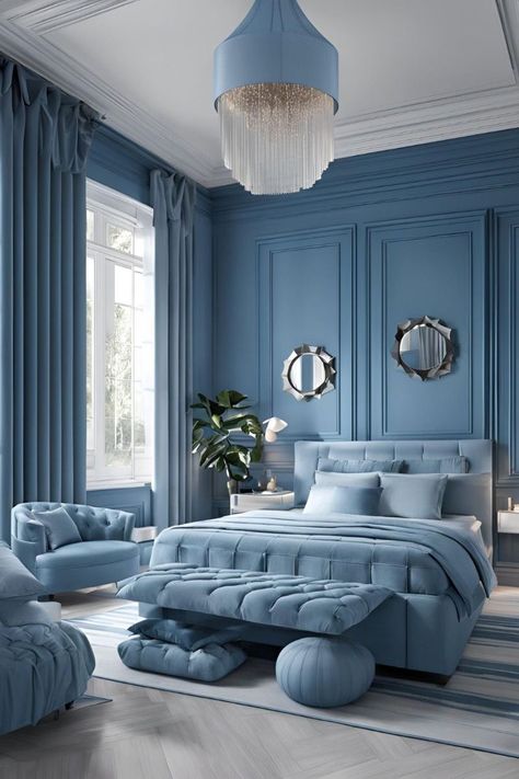 Monochromatic Color Scheme Interior Design, Textured Interiors, Blue Bedroom Aesthetic, Bedroom Planner, Blue And Gold Bedroom, Monochromatic Bedroom, Bedroom Colours, Messy Bedroom, Inspiring Lifestyle