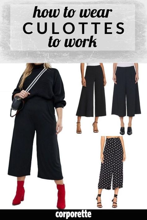 Can you wear culottes to a business casual or conservative office? We're rounding up some little tips for HOW to wear culottes to work if you CAN wear them to your office! Black Culottes Outfit Office, Cullotes Outfit Work, How To Wear Cullotes, Cullotes Outfit Casual, Culottes Outfit Work, Black Cullotes Outfits, Culottes Outfit Casual, Black Culottes Outfit, Fall Outfits Women 30s