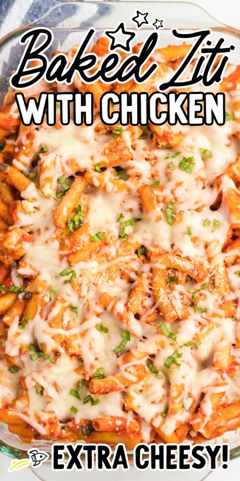 This baked ziti with chicken is so easy to make and is loaded with tender pasta, chicken, and plenty of cheese. Baked Ziti With Chicken Easy, Chicken Rigatoni Recipes Baked, Pasta Casserole With Chicken, Baked Chicken Ziti Recipes, Ground Chicken Baked Ziti, Pulled Chicken Pasta Recipes, Make Ahead Chicken Pasta Bake, Baked Ziti With Ground Chicken, Chicken Ziti Pasta Recipes