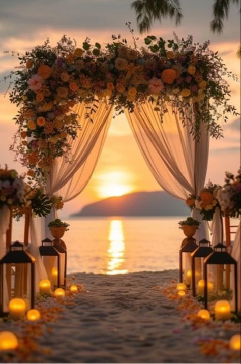 Beach wedding ceremony at sunset 🌅 Covered Beach Wedding, Married On The Beach, Wedding Beach Ceremony Decorations, Wedding Ceremony Venue Ideas, Sunset Beach Wedding Ceremony, Beach Weddings Wedding Ceremony Decor, Beach Wedding Hawaii, Destination Beach Wedding Ideas, Beach Wedding Aesthetic Sunset