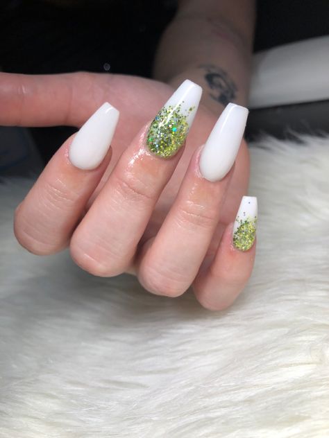 #whitenails #coffinnails #glittergreennails Light Green Nails With Glitter, White Nails With Green Glitter, Green Nails With Silver Glitter, White And Green Glitter Nails, Light Green Glitter Nails, Pale Green Nails With Glitter, White Acrylic Nails, Green Glitter, White Acrylics