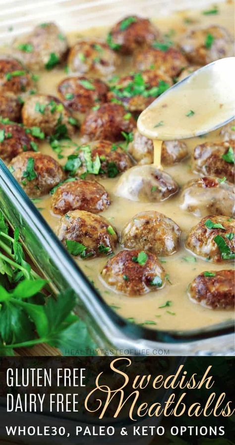 Healthy gluten free Swedish meatballs recipe (whole30, keto, paleo options) made with ground turkey and beef, oven baked and perfectly browned –served with a creamy dairy free Swedish meatballs sauce - great for a gluten free dairy free dinner, lunch or side dish. Healthier than Ikea! Dairy Free Swedish Meatballs, Swedish Meatballs Sauce, Gluten Free Swedish Meatballs, Dairy Free Gravy, Dairy Free Meatballs, Meatballs Sauce, Gluten Free Dairy Free Dinner, Dairy Free Sauces, Dairy Free Recipes Dinner