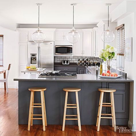 After: Modern Spin Tuxedo Cabinets, Tuxedo Kitchen, Gray Kitchens, Peninsula Kitchen, Bedroom Decorating Tips, Lower Cabinets, Modern Farmhouse Dining Room, Modern Farmhouse Dining, Dining Room Remodel