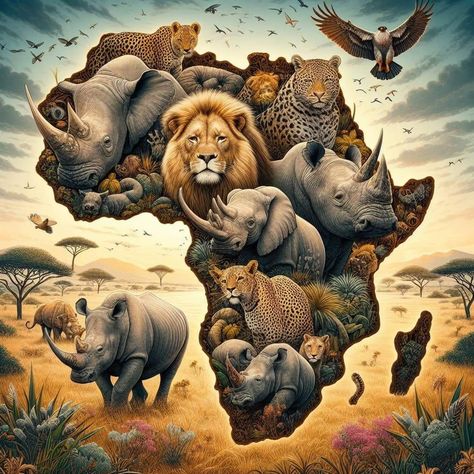 South Africa Animals Wildlife, Africa Art Painting, Endangered Animals Art, Mooi Prentjies, Africa Art Design, African Map, Afrique Art, Afrikaanse Kunst, African Art Paintings