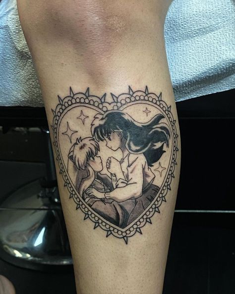 JOHN HANSEN on Instagram: “Really fun to get to do anime tattoos! Inuyasha 🖤 . . . #inuyashatattoo #hearttattoo #animetattoo #mangatattoo #cartoontattoo #neuma4…” Inuyasha Kagome Tattoo, Anime Tattoos Inuyasha, Inuyasha And Kagome Tattoo, Matching Anime Tattoos, Inuyasha Tattoo, Anime Tats, Frame Tattoo, Scene Tattoo, Tattoo Anime