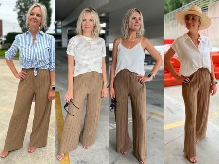 Linen Wide Leg Pants Outfits Summer, Wide Leg Gauze Pants Outfit, How To Style Wide Leg Pants Casual, Wise Leg Pants Outfit, How To Style Wide Leg Pants High Waist, Wide Leg Summer Pants Outfit, What To Wear With Wide Leg Linen Pants, How To Style Flowy Pants, Wide Leg Tan Pants Outfit