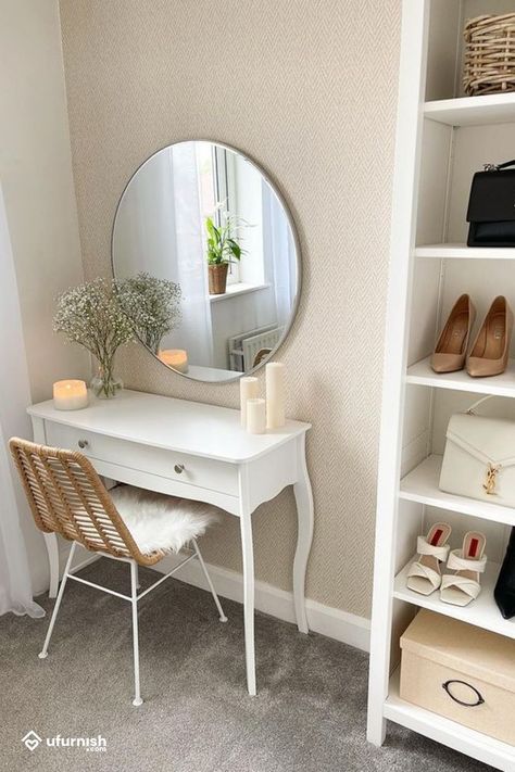 white dressing table with a rattan chair Spare Bedroom Decor, Ikea Dressing Table, Simple Dressing Table, Dressing Table Decor, Simple Dressing, Dressing Table Design, Bedding Inspiration, Bedroom Dressing Table, Apartment Living Room Design