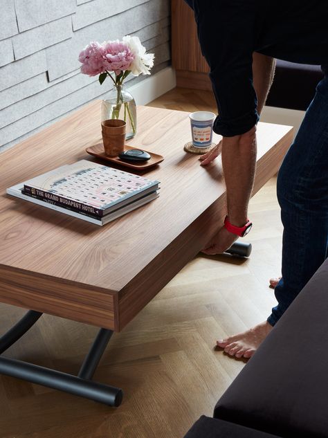 The Passo table by Resource Furniture features retractable legs and an expandable surface, which allow Graham to adjust its height and size. Convertible Table, Graham Hill, Tiny Loft, Alternative Housing, Resource Furniture, Dining Table In Living Room, Light Hardwood, Light Hardwood Floors, Small House Decorating