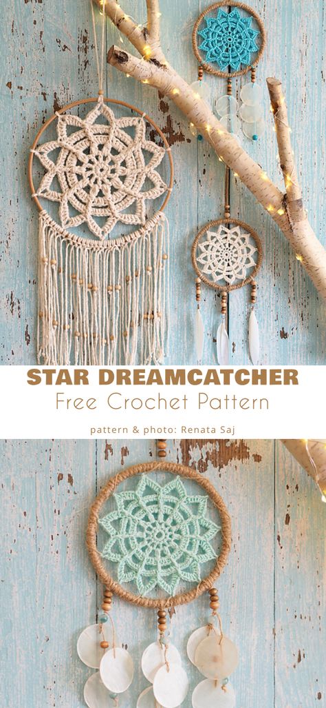 Star Dreamcatcher Crochet Dreamcatcher Pattern Free, Star Dream Catcher, Crochet Dreamcatcher Pattern, Dream Catcher Patterns, Crochet Wall Art, Crochet Dreamcatcher, Crochet Dog Patterns, Crochet Mandala Pattern, Crochet Wall Hangings