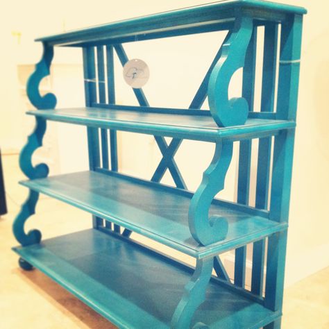 Tiered turquoise tv stand/bookshelf Turquoise Bookshelf, Kitchen Bookshelf, Tv Stand Bookshelf, Witchy Kitchen, In Kitchen, Kids Rooms, Furniture Ideas, Tv Stand, Bookshelves