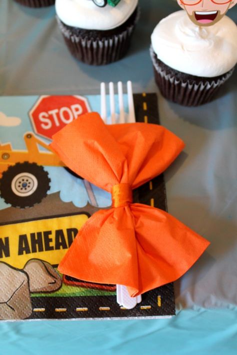 Bow tie napkins!  Dollar store napkins, ribbon and forks make adorable bow ties for your parties.  Put them on suckers, favors, you name it!  This is from my child's Blippi Birthday Party by herpartypants.com Blippi Birthday Party Ideas, Blippi Party Ideas, Blippi Birthday Party, Blippi Party, Orange Glasses, Balloons Galore, Birthday Party Ideas For Kids, Fun Party Themes, 2nd Birthday Party Themes