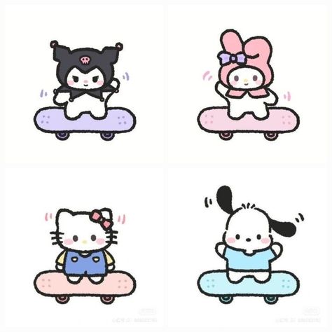 Sanrio Characters Drawings, Mini Sanrio Drawings, Sanrio Skateboard, Chibi Hello Kitty, Cute Sanrio Stickers, Cute Sanrio, Walpaper Hello Kitty, Cute Easy Doodles, Hello Kitty Coloring