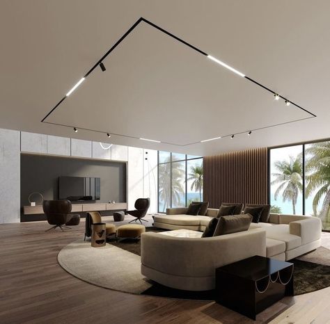 Track Lights Living Room, Track Lighting Living Room, Modern Track Lighting, Stretch Ceiling, Track Lights, Home Lighting Design, تصميم داخلي فاخر, Hall Interior Design, Plafond Design